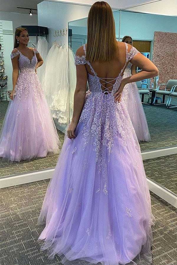 Elegant A Line Purple Lace Appliques Tulle V Neck Prom Dresses, Evening Dresses OM0015