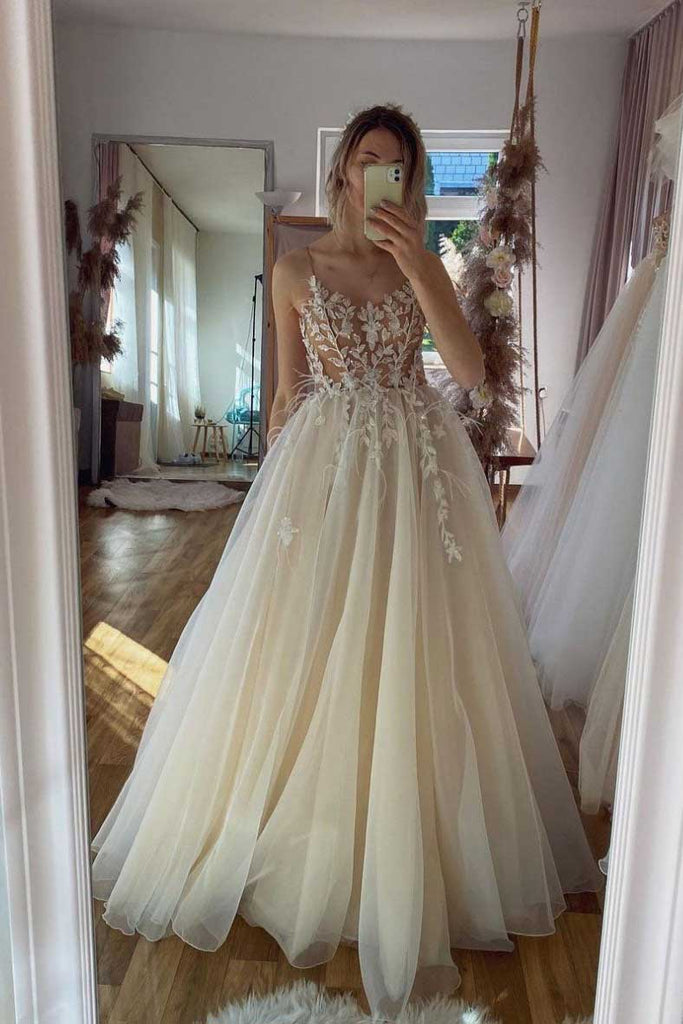A line Champagne Tulle Lace Long Prom Dresses, Sweetheart Spaghetti Straps Party Dress OM0023