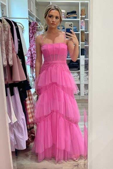 A line Pink Spaghetti Straps Layered Tulle Sleeveless Corset Gown, Long Prom Dresses OM0040