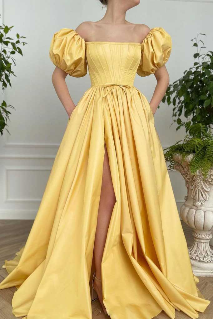 Princess A line Yellow Satin Long Dresses High Slit Prom Dresses with Pockets OM0050