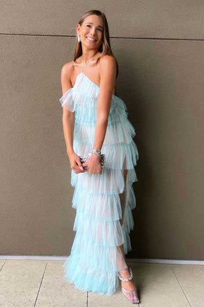 Elegant Halter Tulle Blue Prom Dress With Layers, Long Formal Evening Dresses OM0060