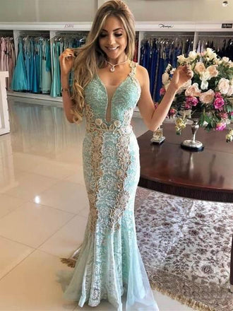 Vintage Mint Lace Mermaid Prom Dresses V Neck Elegant Formal Party Dress PDI26