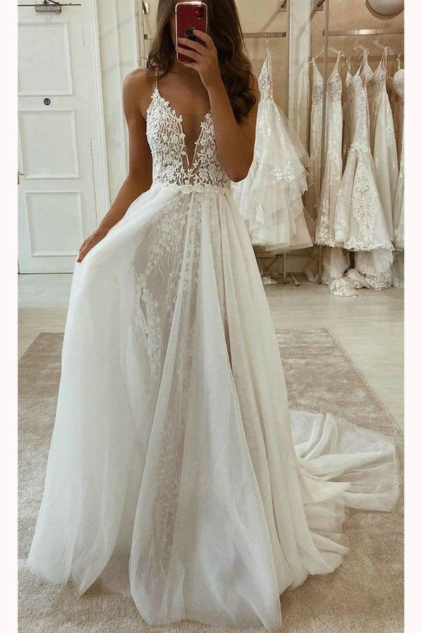 antique white wedding dress Vintage V neck Lace Tulle Spaghetti Straps Wedding Dresses with Split –  trendtydresses