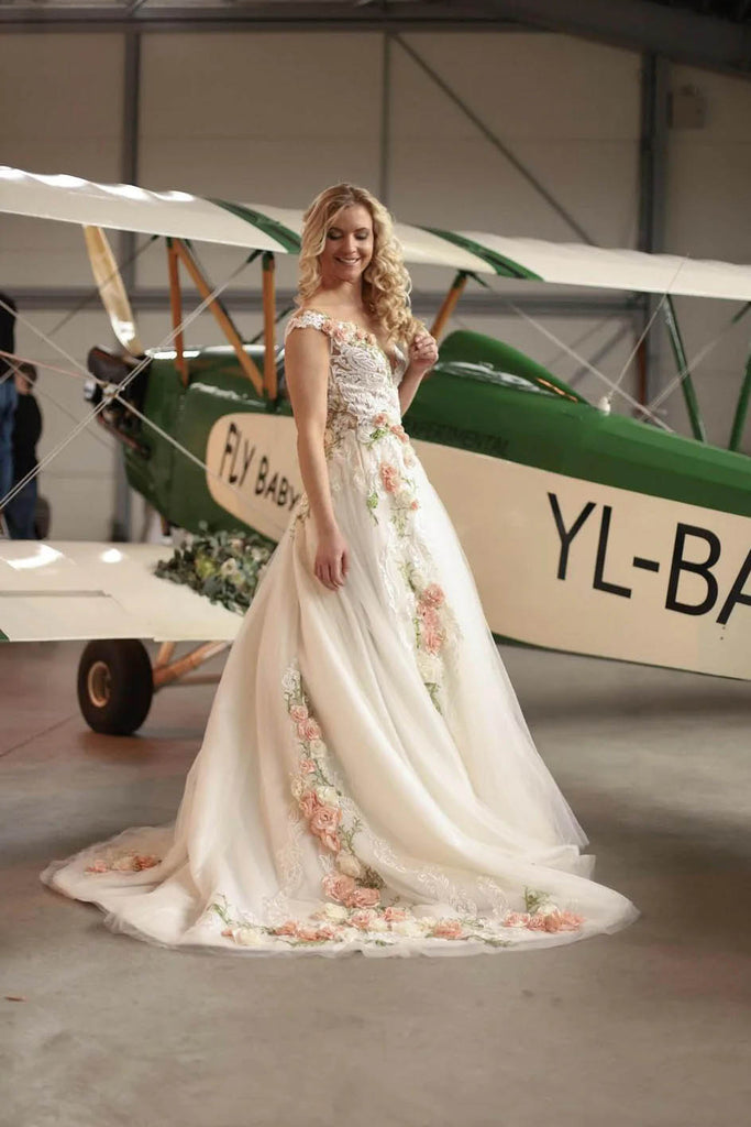 Charming A line Lace Appliques Tulle Straps V Neck Wedding Dress, 3D Flowers Bridal Dress OW0117