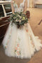 Charming A line Lace Appliques Tulle Straps V Neck Wedding Dress, 3D Flowers Bridal Dress OW0117
