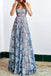 A Line Spaghetti Straps Blue Lace Long Prom Dresses, Elegant Prom Gowns OM0188