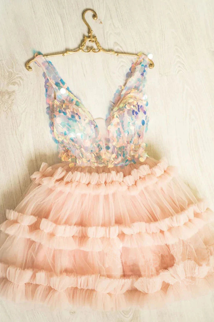 Sequins Bodice Blush Pink Tulle Homecoming Dress V Neck Graduation Dresses OMH0181