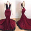 Burgundy Deep V neck Halter Mermaid Prom Dress With Lace Long Evening Dress OM0142