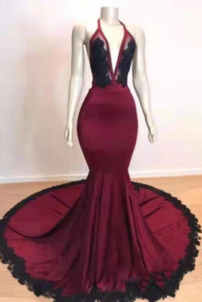 Burgundy Deep V neck Halter Mermaid Prom Dress With Lace Long Evening Dress OM0142