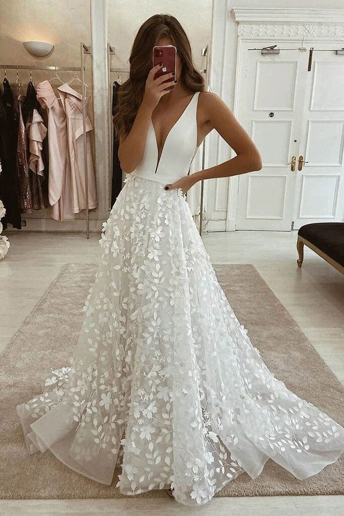 A line V neck Lace Appliques Ivory Straps Wedding Dresses, Long Bridal Dresses OW0092