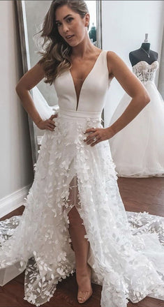A line V neck Lace Appliques Ivory Straps Wedding Dresses, Long Bridal Dresses OW0092