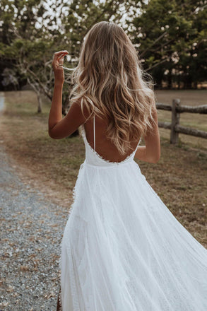 Elegant A line Deep V neck Lace Spaghetti Straps Beach Wedding Dresses with Slit OW0013