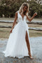 Elegant A line Deep V neck Lace Spaghetti Straps Beach Wedding Dresses with Slit OW0013