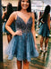 A line Spaghetti Straps Blue Short Prom Dresses with Appliques Beads Homecoming Dress OMH0021