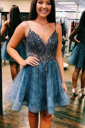 A line Spaghetti Straps Blue Short Prom Dresses with Appliques Beads Homecoming Dress OMH0021