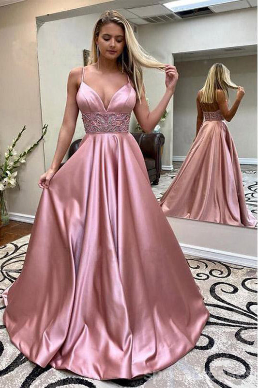 A line Satin Spaghetti Straps V Neck Beads Long Prom Dresses with Pockets, Evening Dress OM0223