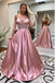 A line Satin Spaghetti Straps V Neck Beads Long Prom Dresses with Pockets, Evening Dress OM0223