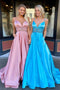 A line Satin Spaghetti Straps V Neck Beads Long Prom Dresses with Pockets, Evening Dress OM0223