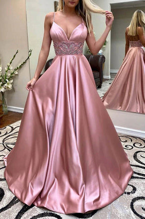 A line Satin Spaghetti Straps V Neck Beads Long Prom Dresses with Pockets, Evening Dress OM0223
