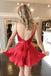A line Red Two Pieces V Neck Satin Spaghetti Straps Short Prom Dress, Homecoming Dress OMH0132