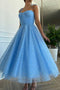 Newest Spaghetti Straps A-line Blue Sequin Tulle Pleated Prom Dresses OM0058