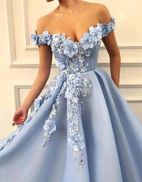 A Line Blue Off the Shoulder Tulle Lace Sweetheart 3D Flowers Prom Dresses,Dance Dress SK02