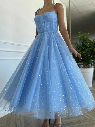 Newest Spaghetti Straps A-line Blue Sequin Tulle Pleated Prom Dresses OM0058