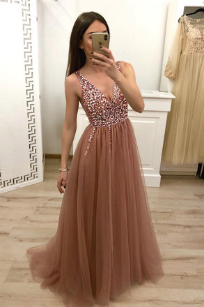 A Line V Neck Tulle Long Beaded Prom Dress, Cheap Evening Gown PDH57
