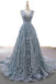 A Line 3D Floral V neck Tulle Straps Light Blue Prom Dresses with Lace Up OM0046