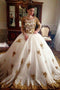 Vintage Gold Lace Appliques Beaded Long Sleeves Wedding Dresses Ball Gowns PDG81