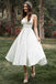 Princess A line Spghetti Straps Satin Ivory V Neck Tea Length Prom Wedding Dresses OW0026