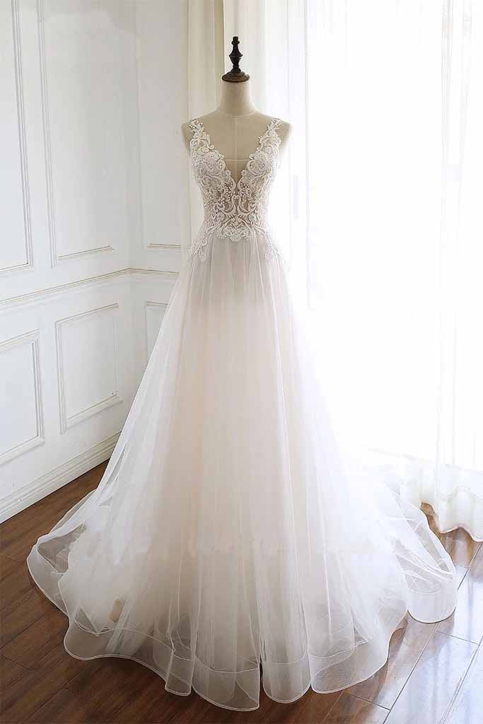 Gorgeous White Tulle Lace Long Wedding Dress A Line V Neck Boho Bridal Dresses OW0062