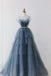 Gorgeous A line Blue Spaghetti Straps Tulle Tiered Prom Dress, Sparkly Evening Dress With Beads OM0301