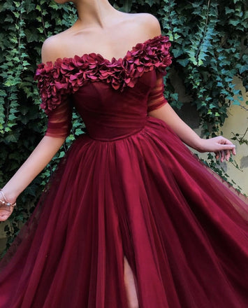 Burgundy Off the Shoulder Maroon A Line Long Tulle Pom Dresses 2022 PDG91