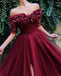 Burgundy Off the Shoulder Maroon A Line Long Tulle Pom Dresses 2022 PDG91