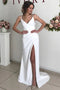 Simple A line Spaghetti Straps White V Neck Side Slit Prom Dress, Formal Dresses OM0258