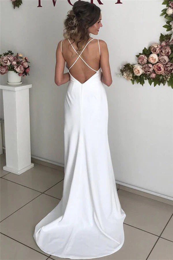 Simple A line Spaghetti Straps White V Neck Side Slit Prom Dress, Formal Dresses OM0258