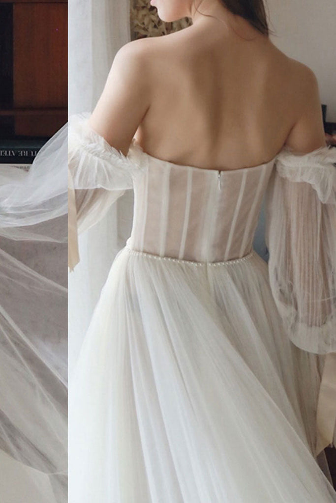 Elegant A line White Chiffon Off the Shoulder Long Sleeves Wedding Dresses with Beads OW0005