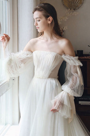 Elegant A line White Chiffon Off the Shoulder Long Sleeves Wedding Dresses with Beads OW0005