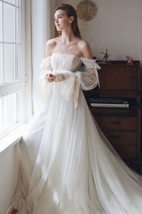 Elegant A line White Chiffon Off the Shoulder Long Sleeves Wedding Dresses with Beads OW0005
