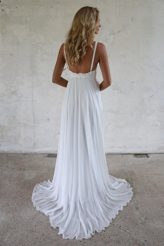 Elegant A line Chiffon Straps V Neck White Wedding Dresses, Lace Bridal Dress OW0076
