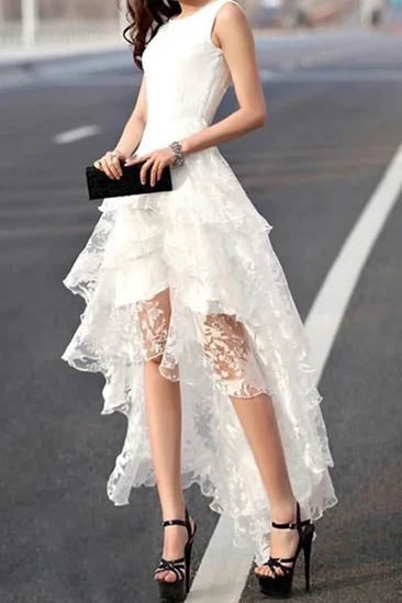 Unique A Line Ivory Lace High Low Tiered Straps Simple Scoop Wedding Dresses OW0116