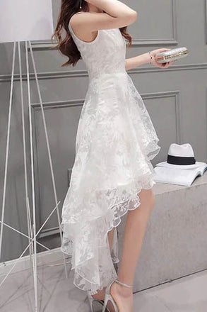 Unique A Line Ivory Lace High Low Tiered Straps Simple Scoop Wedding Dresses OW0116