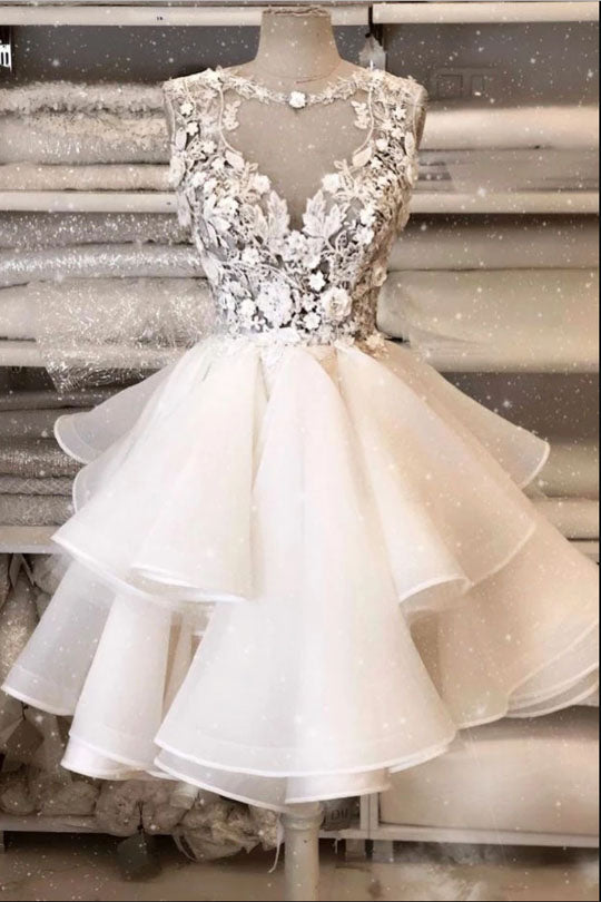 New Style A line White Tulle Mini Prom Dresses with Lace Appliques, Homecoming Dresses trendtydresses New Style A line White Tulle Mini Prom Dresses with Lace Appliques, Homecoming Dresses trendtydresses