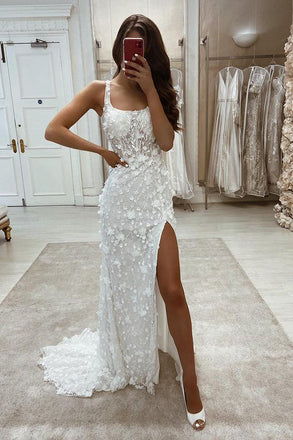 Elegant Mermaid Lace Straps White Scoop Wedding Dresses with Detachable Train OW0084