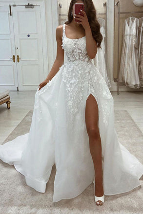 Elegant Mermaid Lace Straps White Scoop Wedding Dresses with Detachable Train OW0084