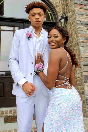 Sparkly White Sequins Mermaid Long Prom Dresses, Cross Back Party Dress with Slit OM0123