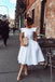 A Line White Round Neck Short Sleeves Wedding Dress with Pockets, Homecoming Dress OMH0069
