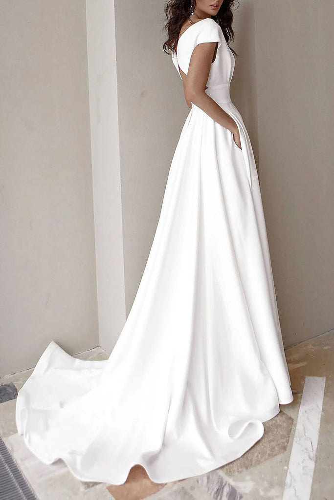short sleeve wedding dress with pockets Simple Short Satin Wedding Minimalist V- Neckline Dress With Pockets