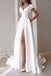 Unique White Satin V Neck Short Sleeves Split Wedding Dresses With Pockets OW0027